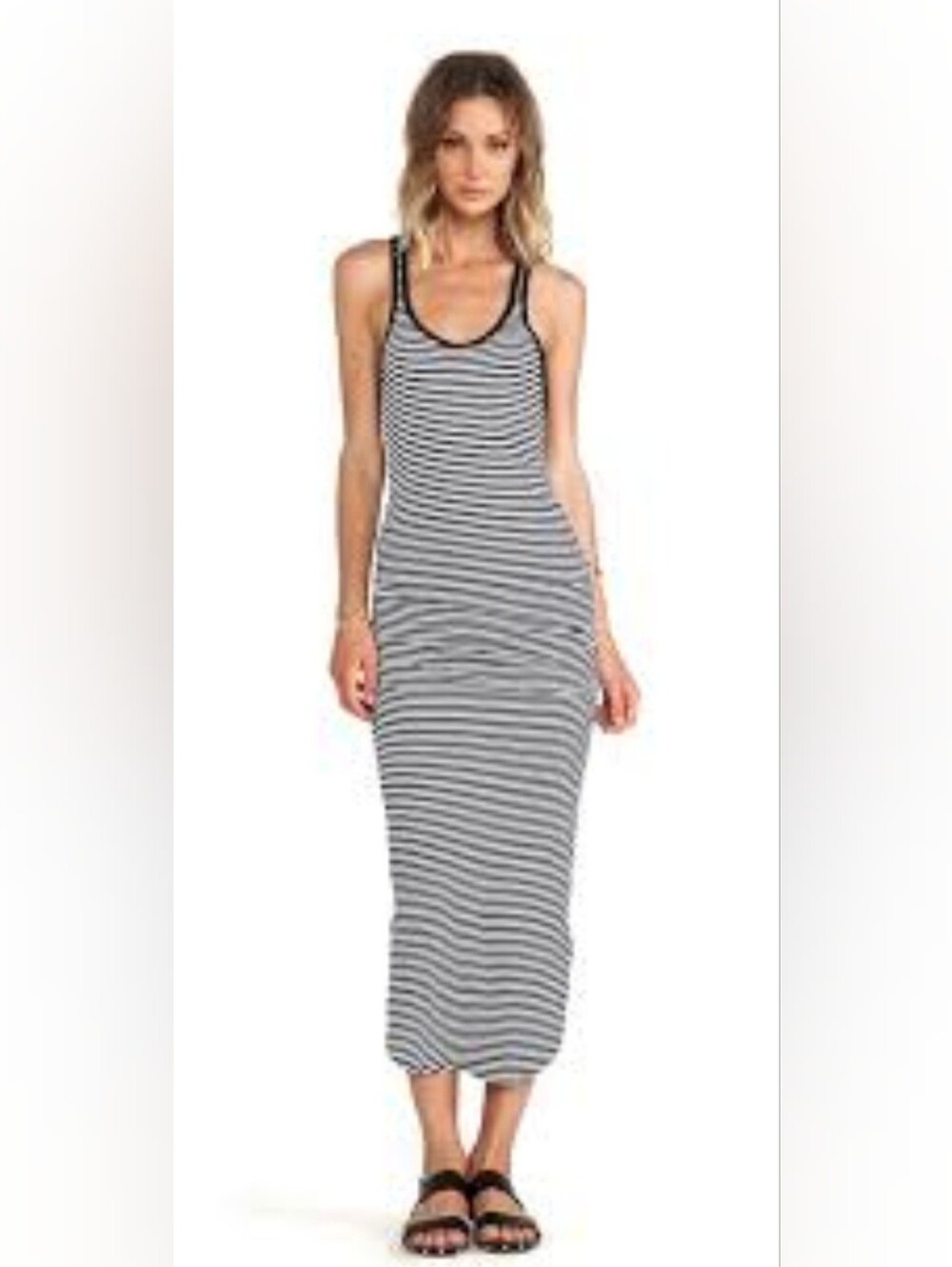 291 Venice Racer Back Striped Maxi Dress Side Slits Ruched Sides Black & White L